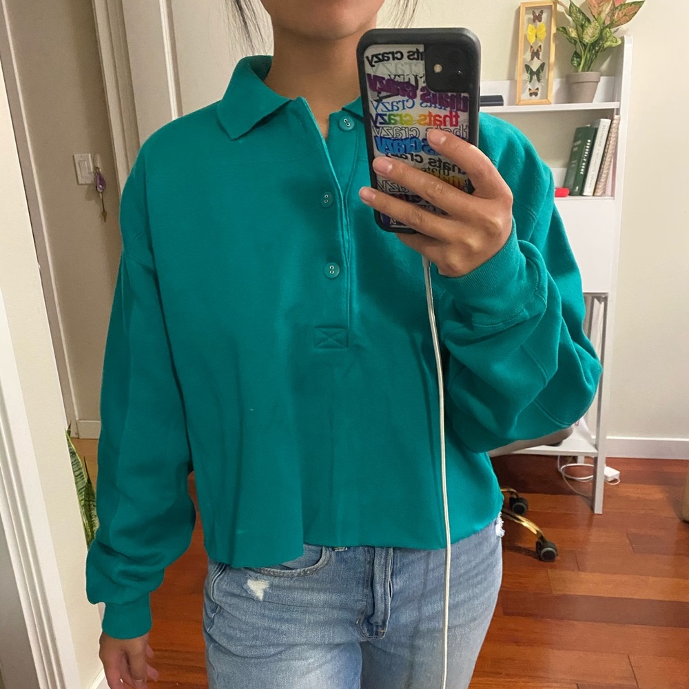 Teal Cropped Rugby Shirt M - Picture 3 of 3